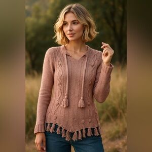 Prana Mauve Pink Cable Knit Fringe Boho Sweater Size Medium